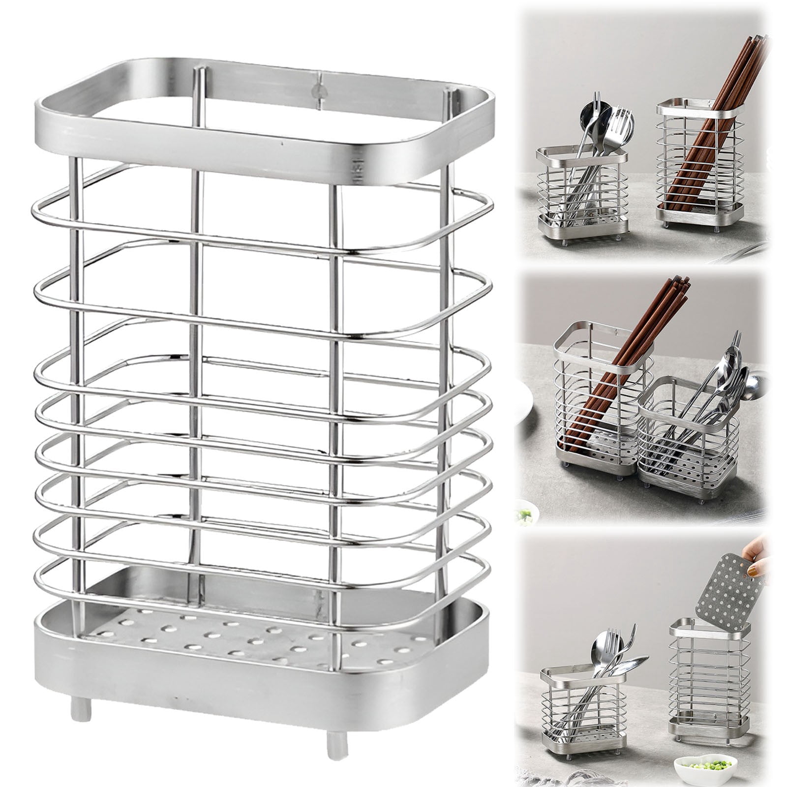 BNNG Utensil Holder, Stainless Steel Utensil Drying Rack for Kitchen Counter, Silverware Cutlery Flatware Holder with Drain Tray for Forks, Knives, Spoons, Chopsticks Organizer (Silver,S/L)
