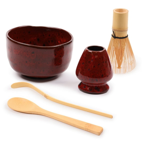 BambooMN Matcha Bowl Set (Includes Bowl, Rest,Tea Whisk, Chasaku, & Tea Spoon) 1 Set Deep Red w/Black