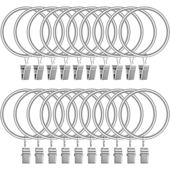 20pcs Rustproof Drapery Matte Stainless Steel Metal Curtain Rings with Clips,Tension Curtain Hangers Clips, Decorative Curtain Rod Window, 1.5 inch Drapery Rings, Matte Silver