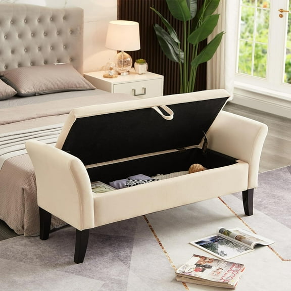 Storage Bench, Upholstered Bed Bench with Storage Box, 51" Velvet Tufted Ottoman Bench Wood Legs for End of Bed, Modern Entryway Bench with Safety Hinge for Living Room Bedroom, Beige