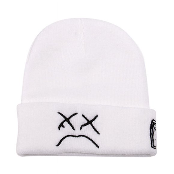 Bonnet Tricoté Brodé d'Hiver Visage Triste expression Drôle Hommes Femmes Bonnet Blanc