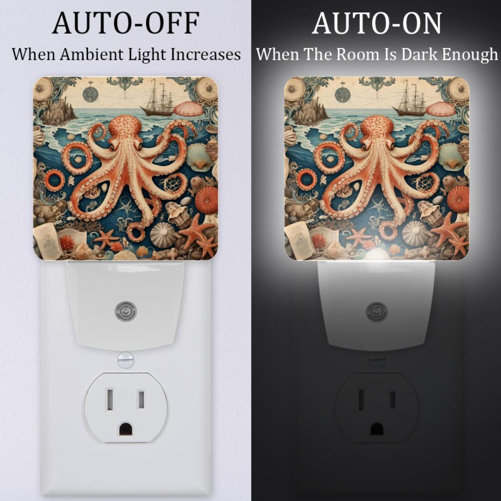 PhooArto Vintage Map Octopus Starfish Plug in LED Night Light Auto Sensor Dusk to Dawn Decorative Night for Bedroom, Bathroom, Kitchen, Hallway, Stairs, Baby's Room, Energy Saving