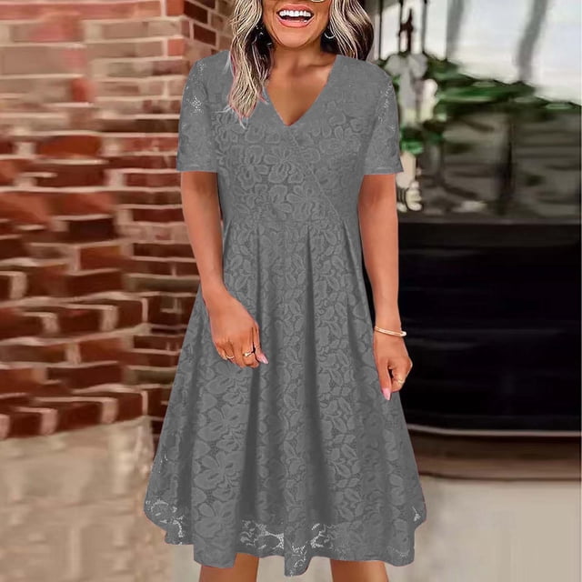Gspmoly Robes pour Femmes, Robe à Col en V de Printemps/été pour Femmes, Mode Décontractée Unie en Dentelle à Manches Courtes, Robes Formelles pour Femmes jusqu'à 65 % de Rabais