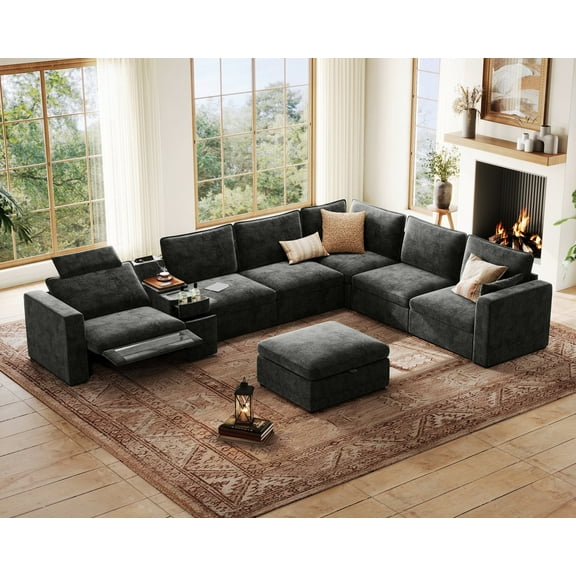 BEDEEP 169.7'' Power Recliner Sofa with Headrest Console, Modular Cloud Sectional Chenille Reclining Couch with Storage Ottoman Chaise, Convertible 7-Seater Sofa Couch for Living Room RV, Black