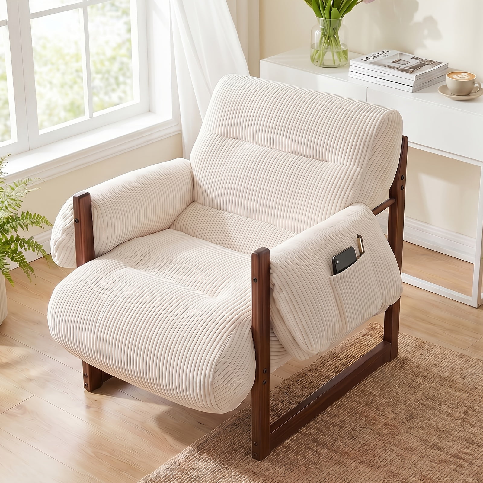 Beige full-body supportive leisure sofa, wood-grain metal frame single armchair, thickened cushioned seat, 350 lbs weight capacity, easy assembly home lounge sofa, suitable for living room, bed