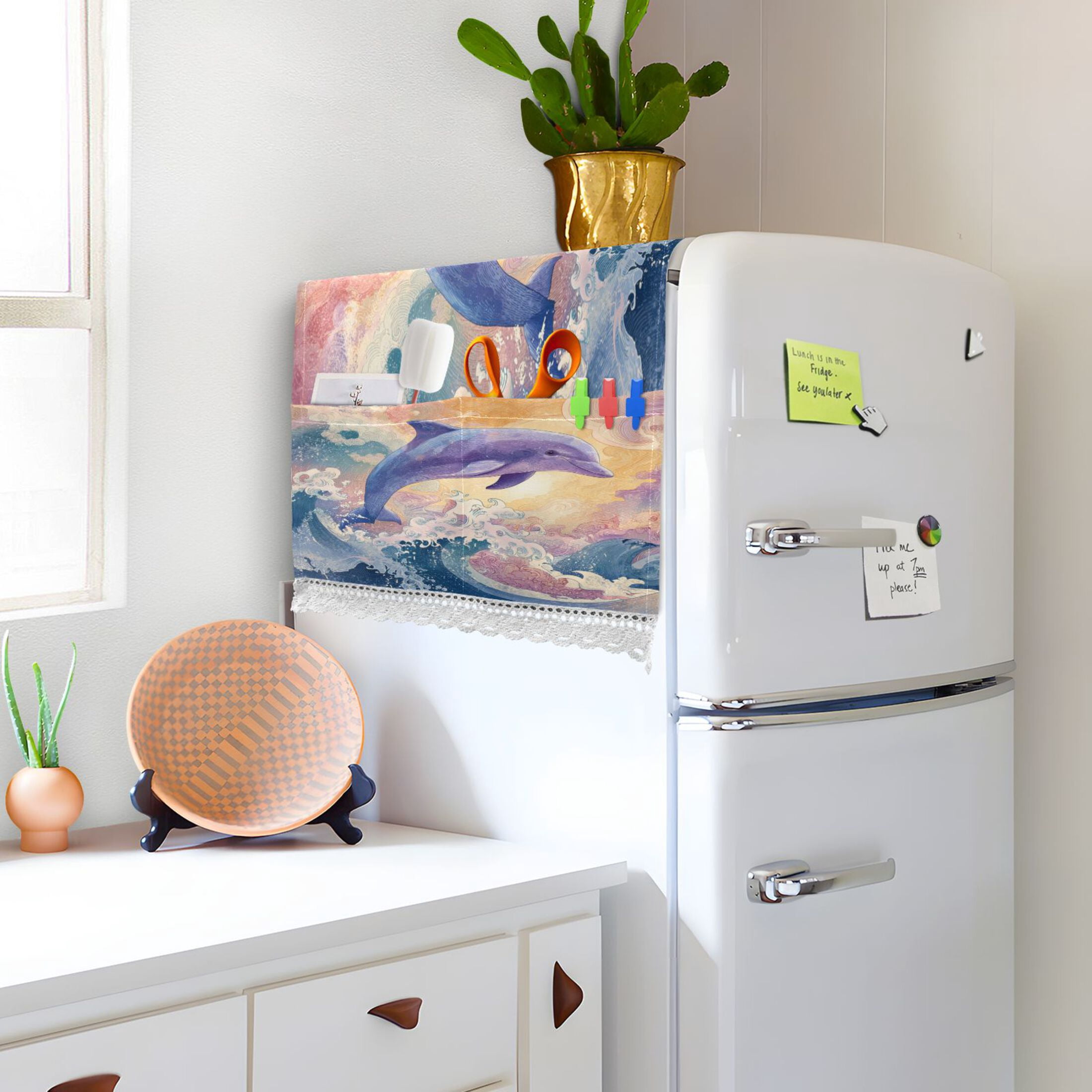 Washing Machine Cover 51.2x22in, Durable Polyester Dust Cover with Lace Trim and Side Pocket for Appliances Dolphin