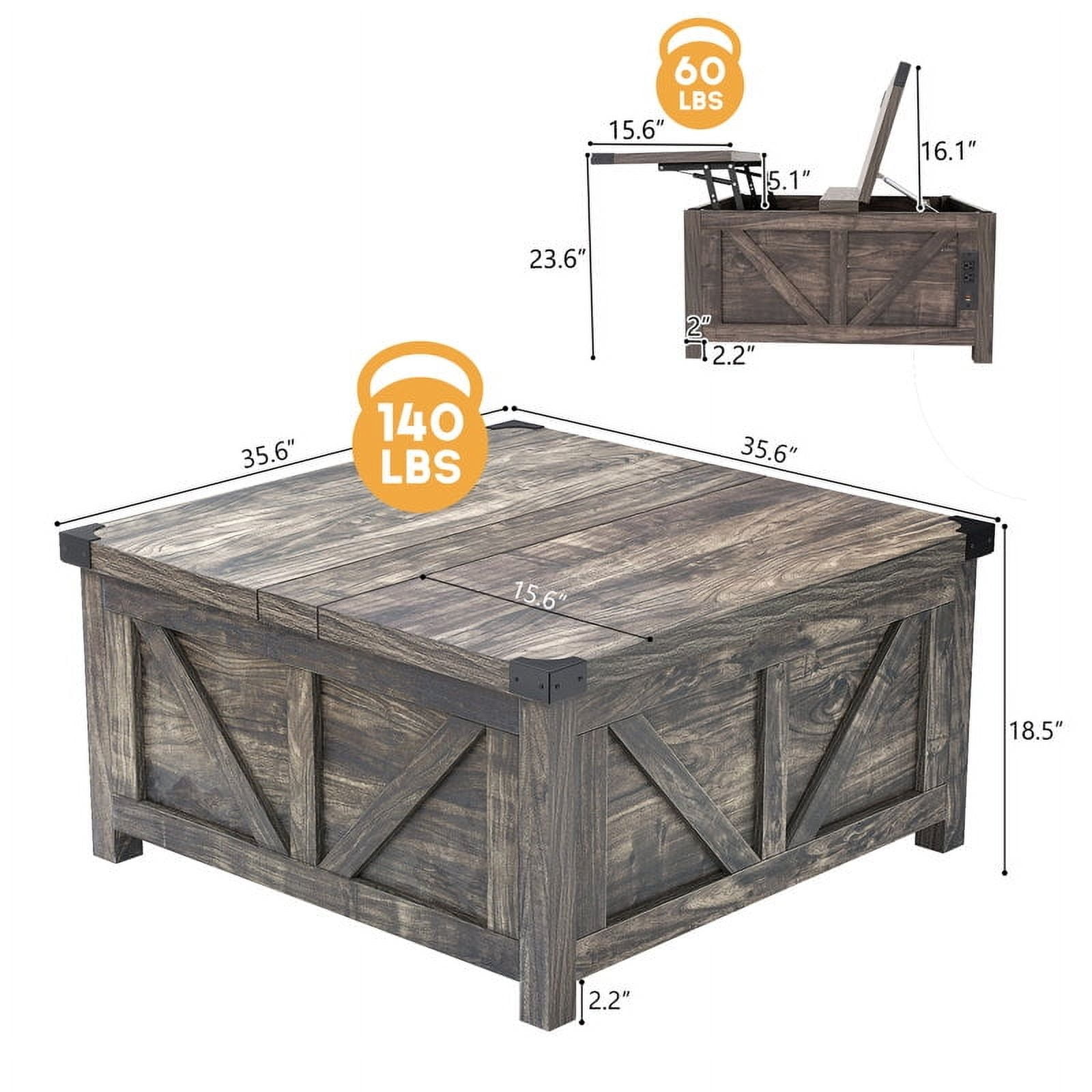 35.6" Lift Top Coffee Table with Storage, Farmhouse Square Coffee Table with Charging Ports, Wood Center Table w/Large Hidden Space for Living Room Home Office,Dark Grey