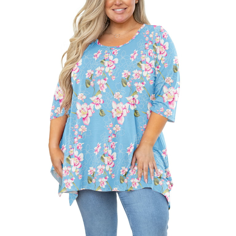 SHOWMALL Plus Size Clothes for Women 3/4 Sleeve Blouse Swing Tunic Floral  Light Blue 4X Clothing Crewneck Maternity Loose Fitting Top