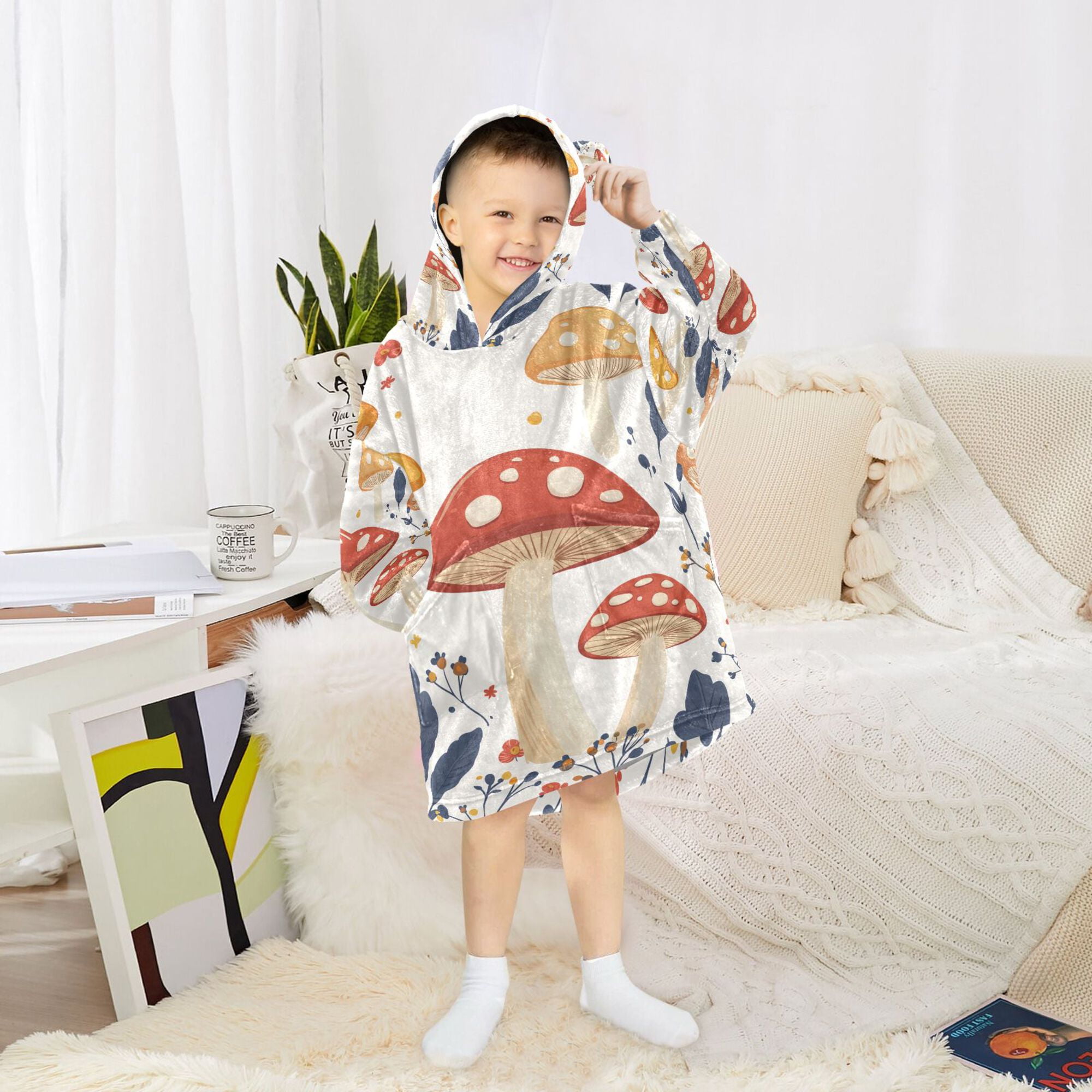 FORMRS Wearable Blanket Hoodie with Sleeves for Kids Cozy Flannel Sweatshirt, White Mushroom
