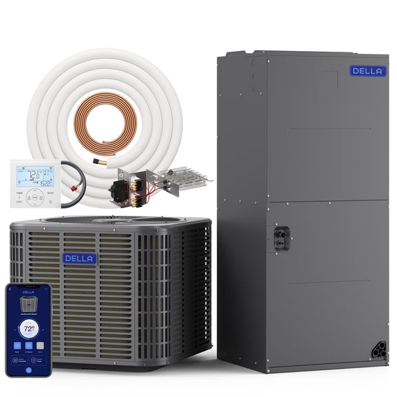 DELLA 53,000 BTU Ducted Central AC with Air Handler, Heat Pump Inverter System, 17 SEER2 230V, Two-Stage Compressor, Pre-Charged, Alexa & Wifi Control, Wired Controller, 25ft Kit, 20kW Heat Kit