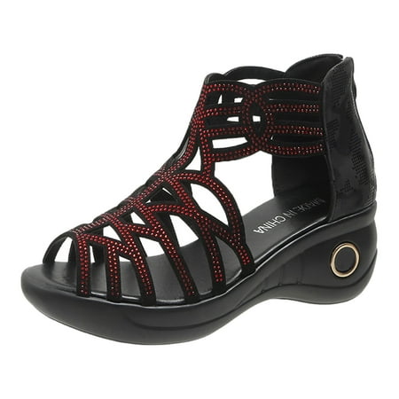 

Women s Sandals Rhinestone Hollow Out Open Toe Zip Slope Heel Outside Wear Large Size Gladiator Shoes