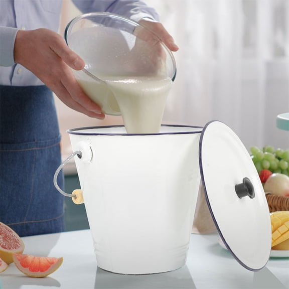 FELTECHELECTR  Enamel Bucket with Lid Coated Food Containers Lids Rubbish Bin Ice Buckets White