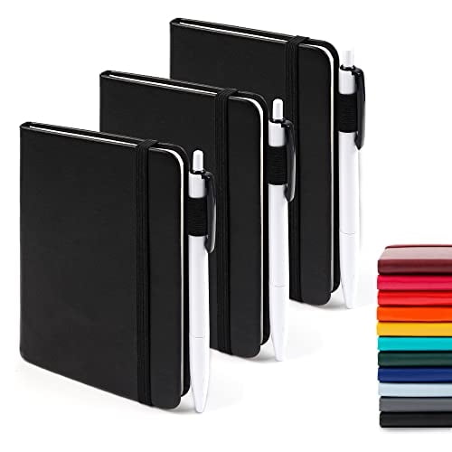 Paquete 3000mlibretas + 3 bolígrafos, Feela A6 Mini Cuaderno, tapa dura, línea uni, soporte boli, sum. oficina escolar. 3.5"x 5.5" Neg
