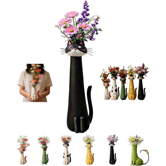 Quirky Cat Vase for Flowers – Handcrafted Ceramic Kitty Planter, Whimsical 7.5" Flower Vase for Desk, Shelf & Boho Home Decor, Gift for Cat Lovers