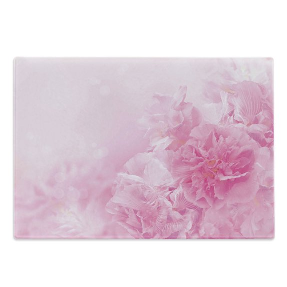 Pale Pink Cutting Board, Spring Flowers Close up View Florets Bouquet Beauty Wedding Shabby Form Print, Decorative Tempered Glass Cutting and Serving Board, Large Size, Pale Pink, by Ambesonne