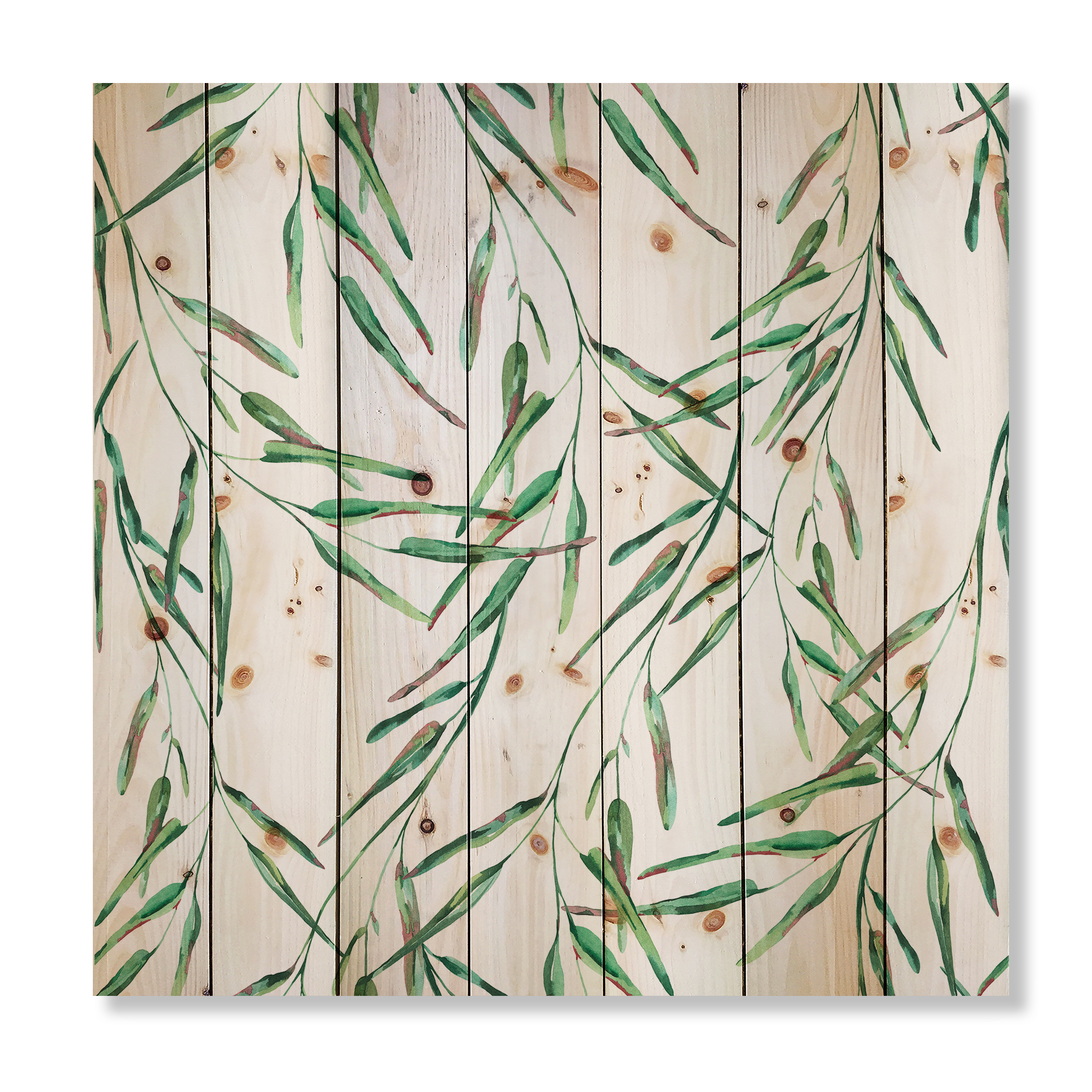 Designart 'Tropical Green Leaves On White In Summer Times II' Tropical Print on Natural Pine Wood