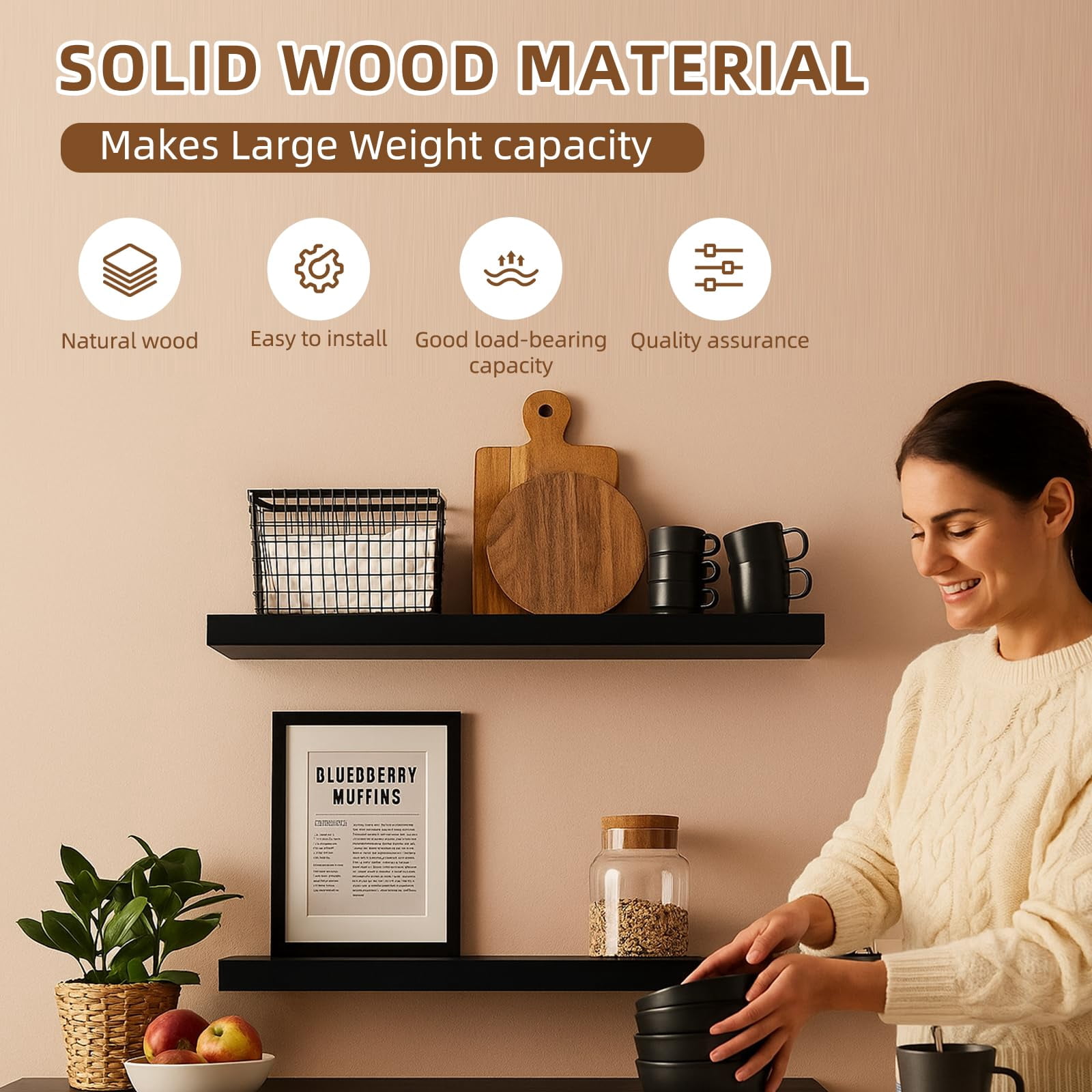 Floating Shelves For Wall Set Of 3 Black Wood Mounted  23.6 X 6.3 Inch Rustic Display Storage With Invisible Brackets Bedroom Bathroom Living Room Kitchen