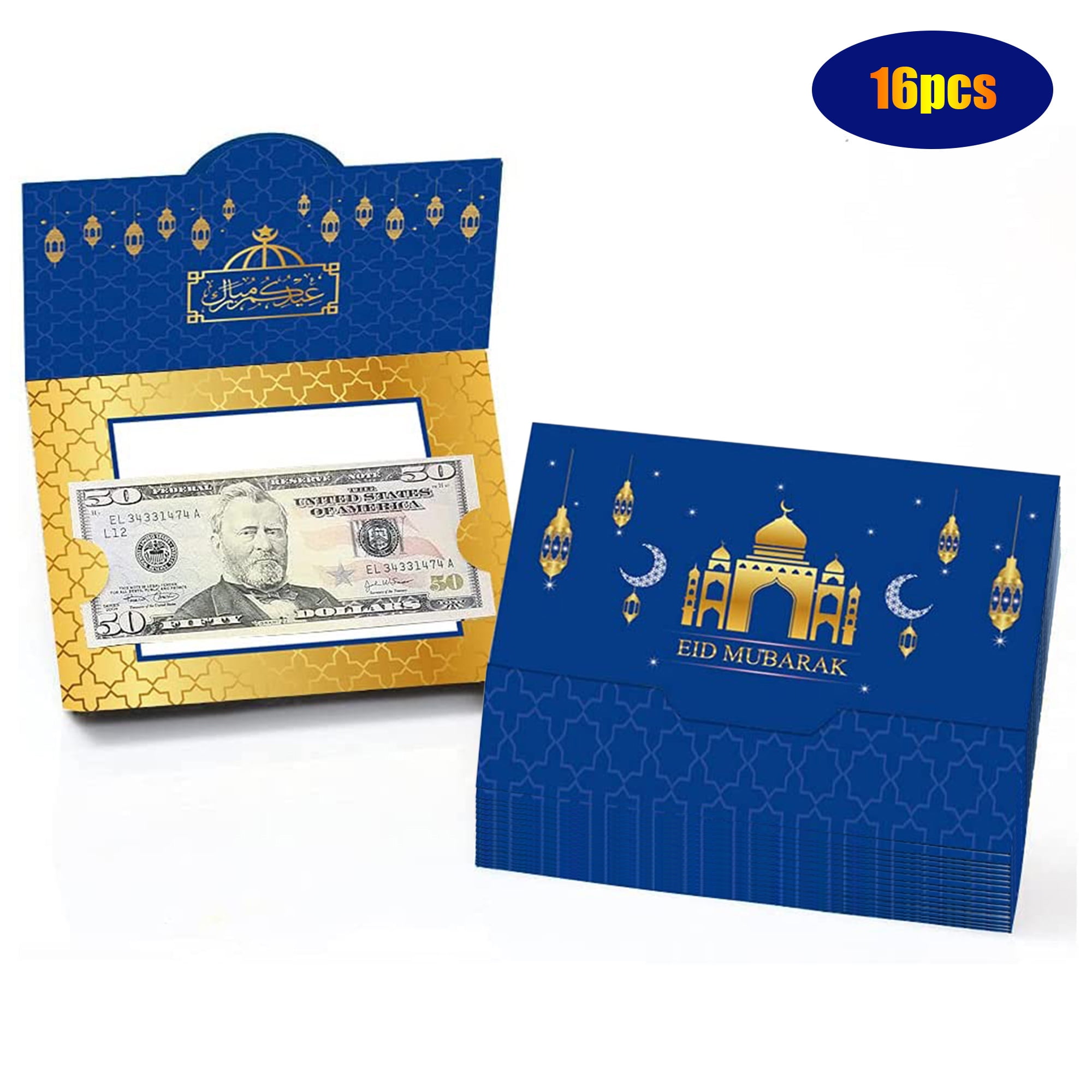 16 Pcs Ramadan Eid Mubarak Money and Gift Card Holders, Blue Gold Star