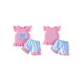 thumbnail image 2 of BemeyourBBs Toddler Baby Girls Summer Clothes 2 Piece Outfits Baby Christening Clothes God Is Good All the Time Letter Bow Embroidery Flying Sleeve T Shirt Tops and Ruffle Shorts Set, 2 of 9