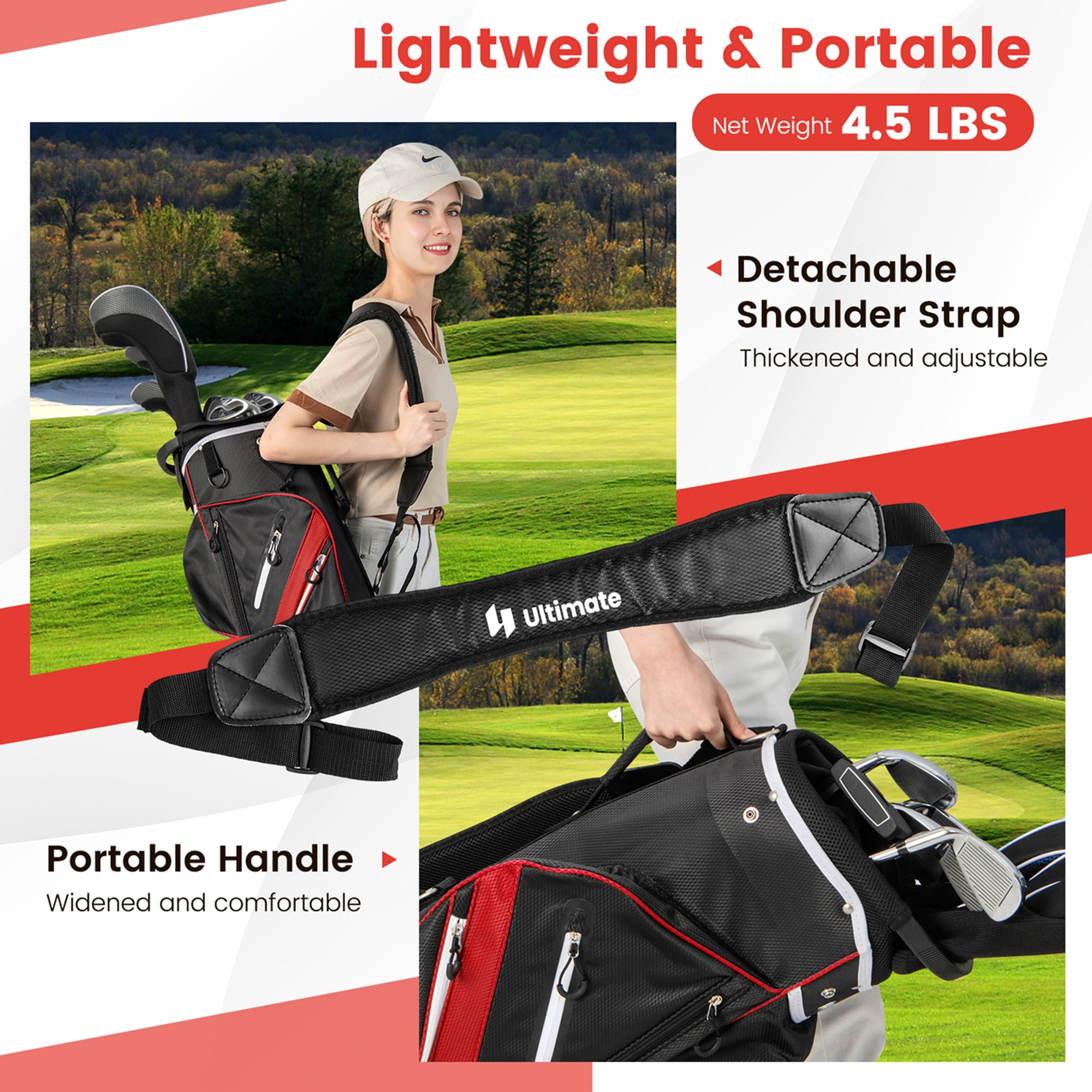 Costway Lightweight Golf Cart Bag with 14 Way Top Dividers 9 Pockets Rain Hood Cooler Bag Red