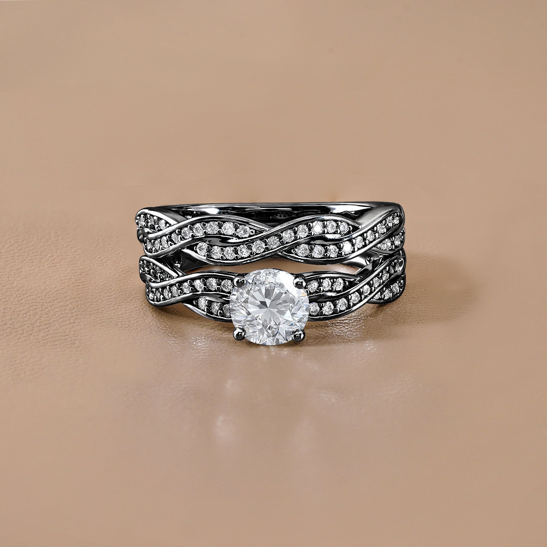 JeenMata 1.25 Carat Round Cut Moissanite Wedding Set - Bridal Set - Infinity Ring - Forever Ring - Promise Ring - 18k Black Gold Plated for Women