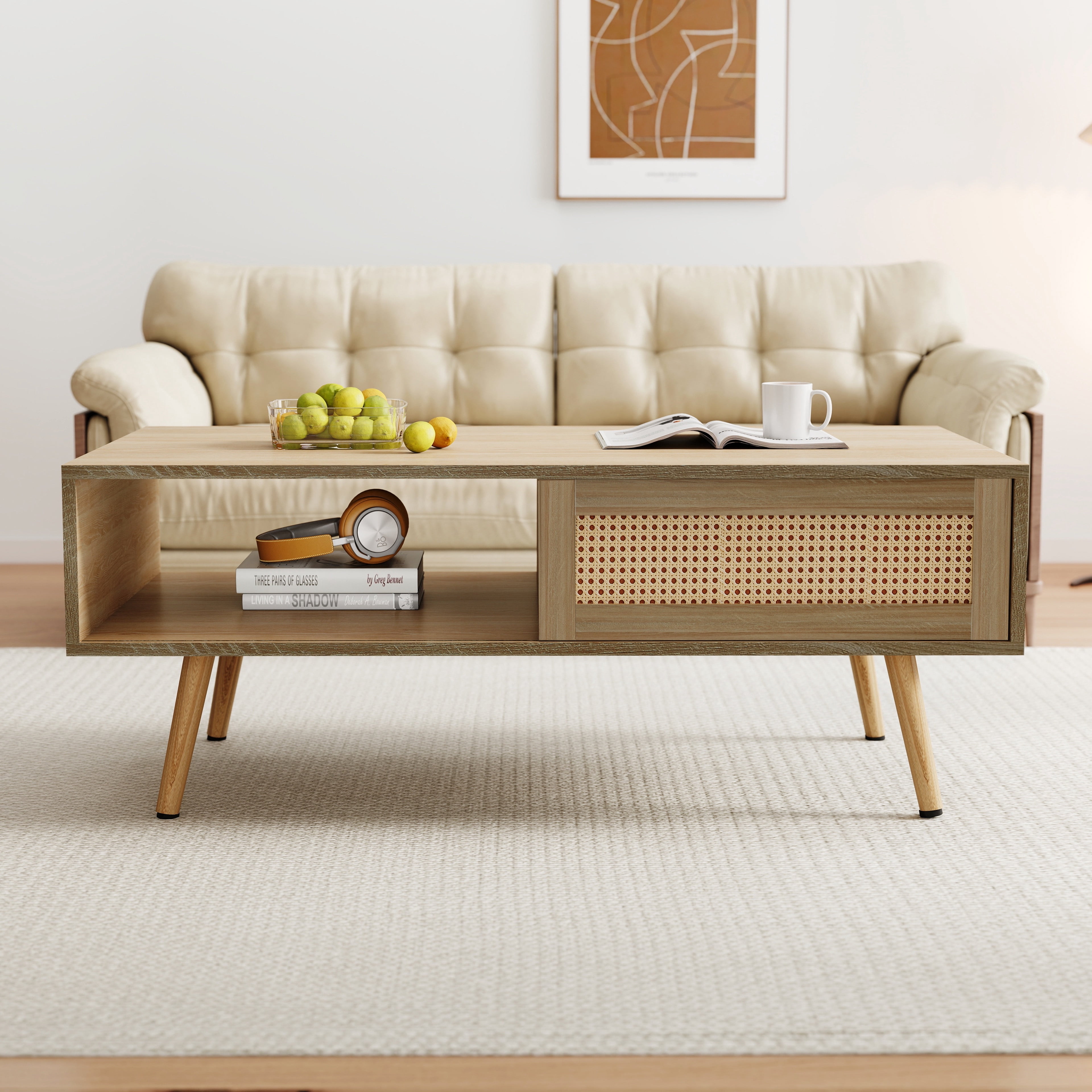 PAPROOS Rattan Coffee Table with Sliding Storage Door, Solid Wood Legs - Ideal for Living Rooms, Natural
