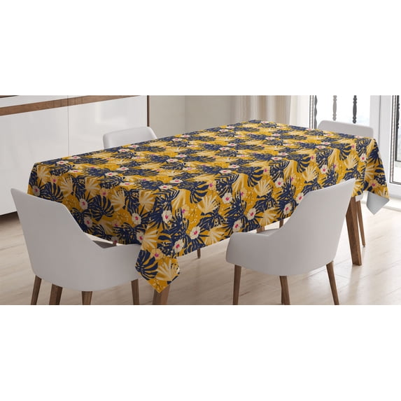 Tropical Tablecloth, Exotic Palm and Monstera Leaves with Hibiscus, Rectangle Satin Table Cover Accent for Dining Room and Kitchen, 60" X 84", Night Blue Dark Yellow, by Ambesonne