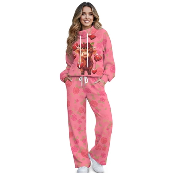 Psesaysky Womens Highland Cow & Rose Hearts Print 2 Piece Outfits Oversized Turtleneck Sweatsuit Crop Pullover Sweatshirt Joggers Pants Tracksuit Set, Size S