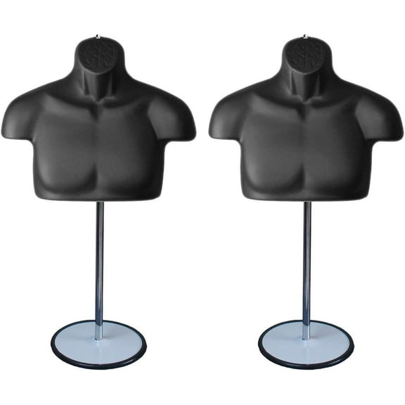 Black Male Mannequin Chest Long Hollow Back Body Torso Set w/ Metal Stand with Metal Pole & Hanging Hook, S-M Size (2)