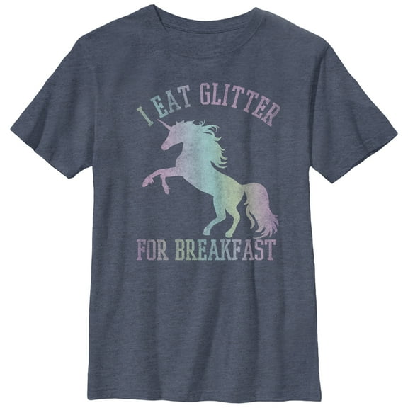 Boy's Lost Gods Glitter Breakfast Unicorn  Graphic Tee Navy Blue Heather X Large