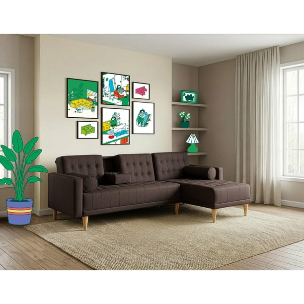 Sala Modular Reversible Makora Tyson Con Memory Foam, Color Chocolate, Lino Respaldo Reclinable De 3 posiciones.