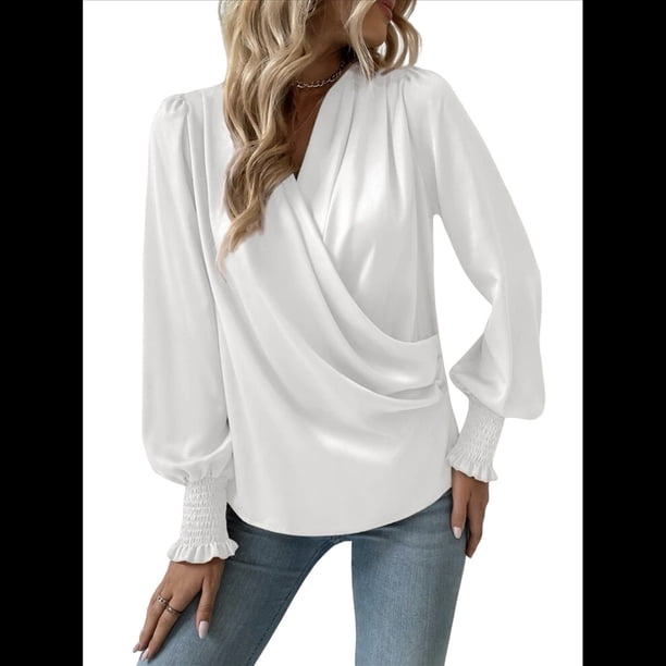 Camisa Elegante de Color Liso con Escote en V y Mangas Farol para Mujer S