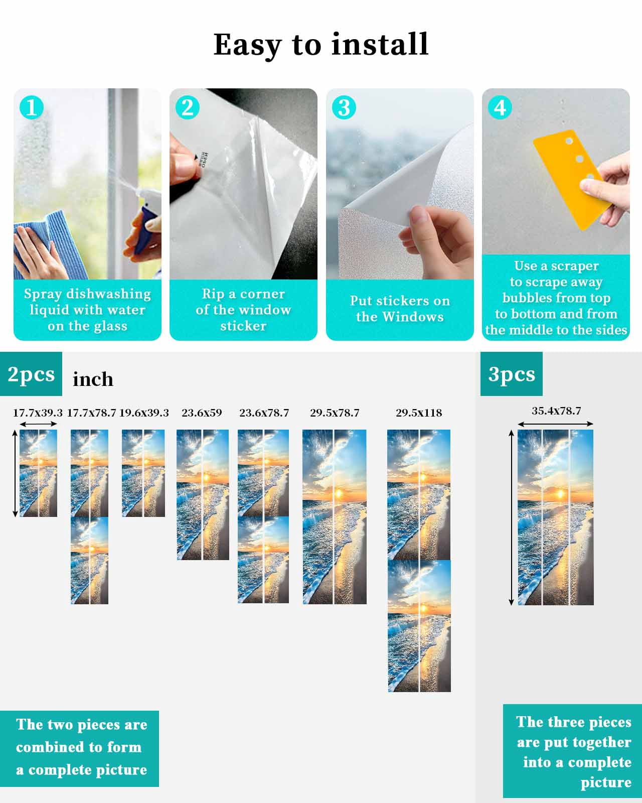 Window Privacy Film Sunset Beach Stained Glass Window Film Decorative Sun Block Window Cover Spray Ocean Waves Sky Nature Scenery Window Clings Static Adhesive Sticker for Bathroom 35.4"x78.7"