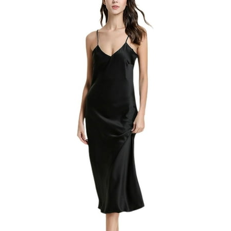 XiaoBanDeng Women s Satin Nightgown Soft Luxurious Long Sleepwear Slim Fit V Neck Sleep Dress Spaghetti Strap Lingerie