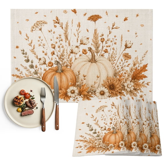 Beige Orange Pumpkins Fall Placemats Set of 2, Thanksgiving Harvest Flowers Washable Wipeable Table Mats for Dining Tables, Indoor Outdoor Kitchen Place Mats for Holiday Party Table Decor