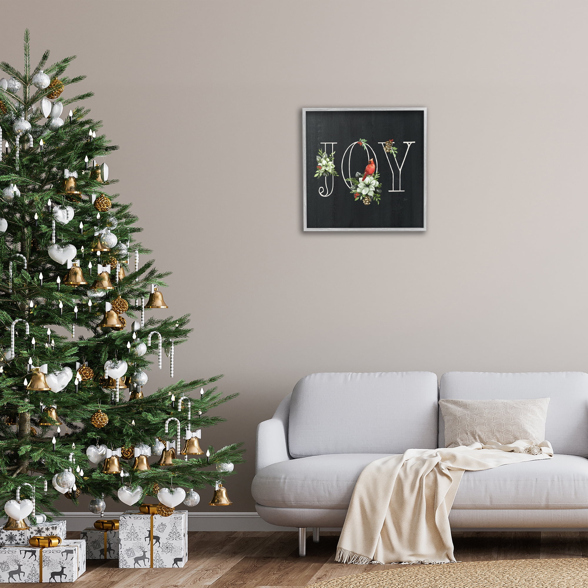 Stupell Industries Joy Letters with Florals Holiday Painting Gray Framed Art Prints Wall Art, 24 x 24