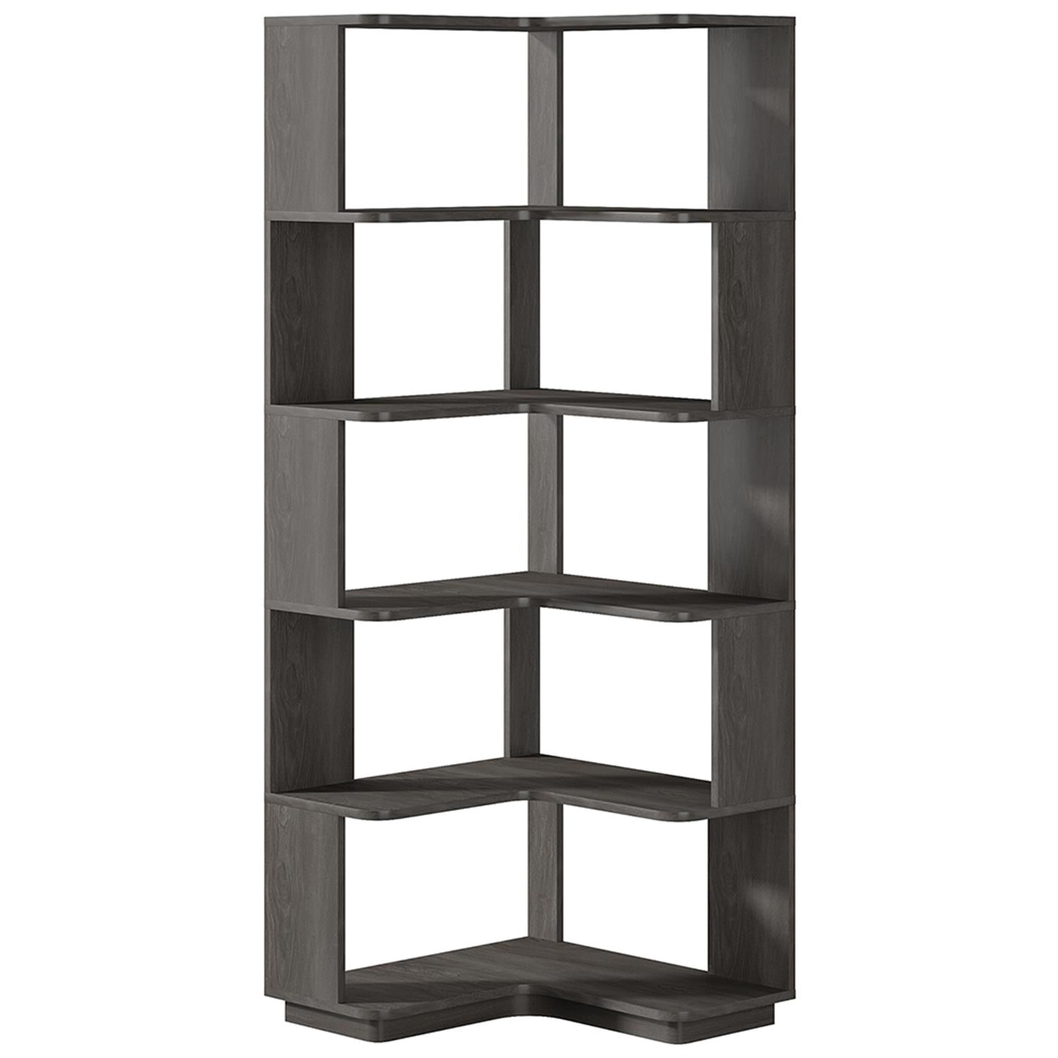 Demi Bonn 6 Tier Bookshelf with Anti-Drop Panel, Corner Bookcase Storage Organizer, 64" Tall Display Standing Shelf Unit for Bedroom, Living Room, Dark Gray