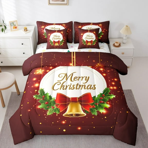 jejeloiu Merry Christmas 7-Piece Twin Bedding Sets,Red Bowtie Gold Bell Bedding Comforter Set,Xmas Berry Sheet Sets For Girls,Super Cozy Room Decor Reversible