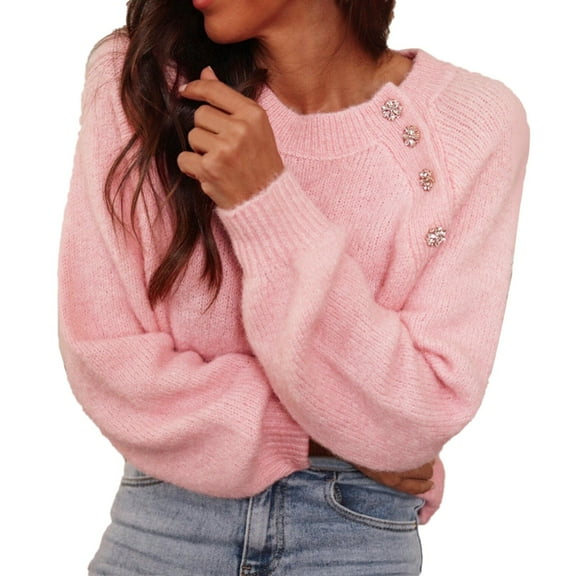 Women's Sweater Solid Long Sleeve Crew Neck Knitted Side Diamond Button Jumper Top