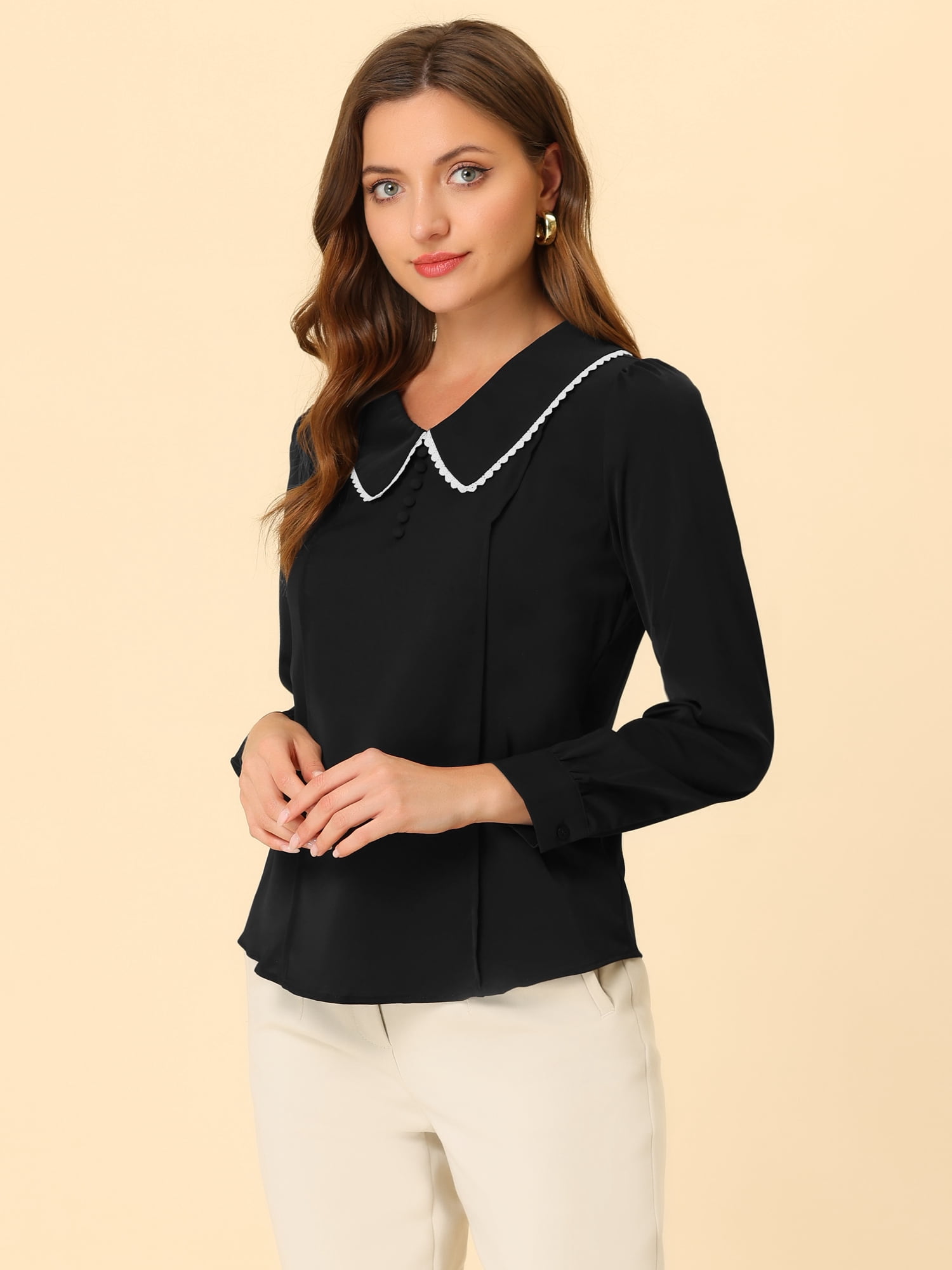 DARING DIVA Women's Peter Pan Collar Button Chiffon Blouse 2XL Black