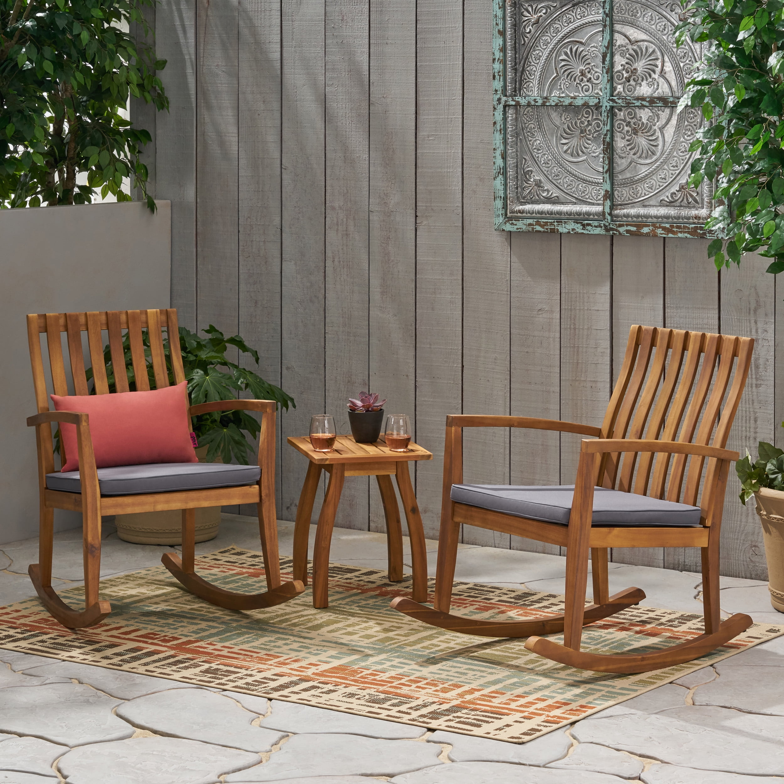 Jamison Outdoor 2-Seater Acacia Wood Rocking Chair Set with Side Table