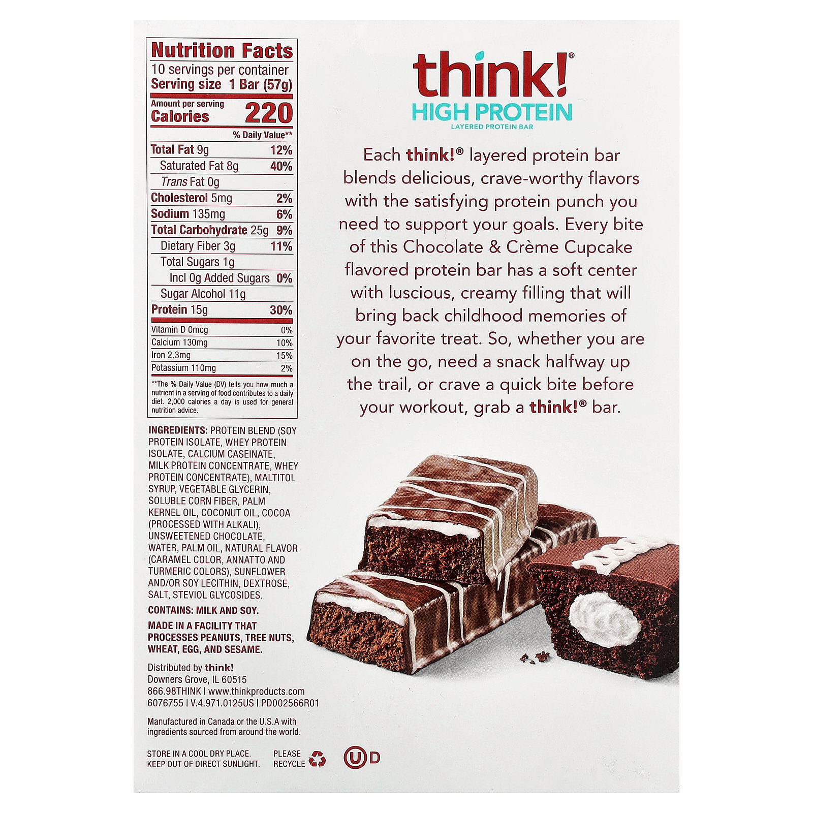 thumbnail image 2 of Think! High Protein Chocolate & Creme Cupcake Layered Protein Bar 10 - 2.01 oz Bars, 2 of 6