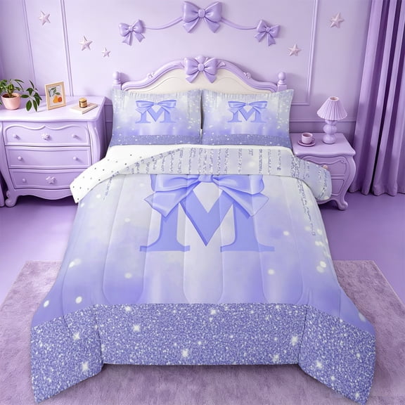 jejeloiu Purple Bows Bowknot Twin Comforter Sets,Letter M Print Bedding Set For Bowtie Girls Reversible 2-Piece