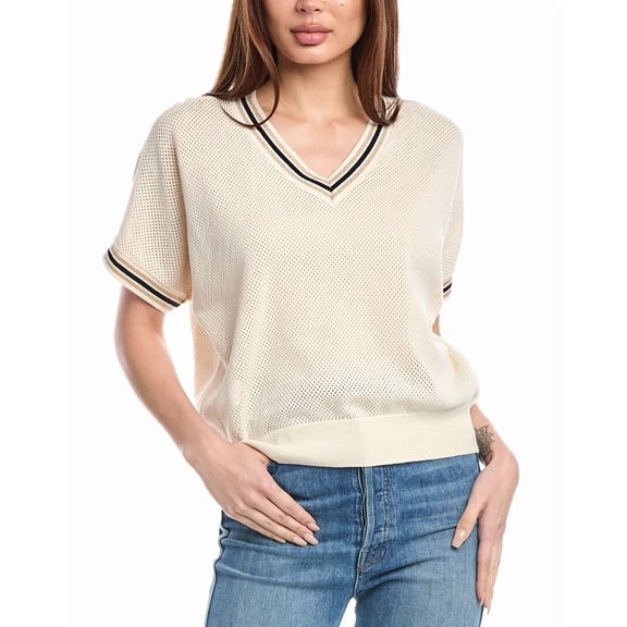 Vince Camuto SOFT CREAM Women's V-Neck Short Sleeve Stripe Sweater, US 2X-Small