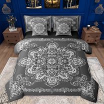 Manfei Boho Exotic Style 7pcs Bedding Comforter Set,Retro Victorian Floral Queen Bedding Sets,Gray Baroque Flower Queen Sheet Sets For Adults,Microfiber Bedroom Decor Reversible