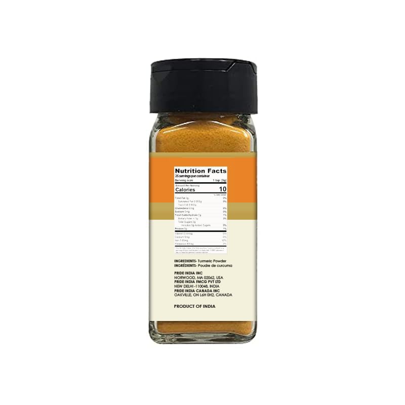 Pride of India - PACK of 6 - Natural Turmeric Ground – Traditional Indian Spice – Pantry Essential – Curcumin Rich For Curries/Lentil/Meat/Pilaf – Easy to Use – 2.6 oz. Small Dual Sifter Jar
