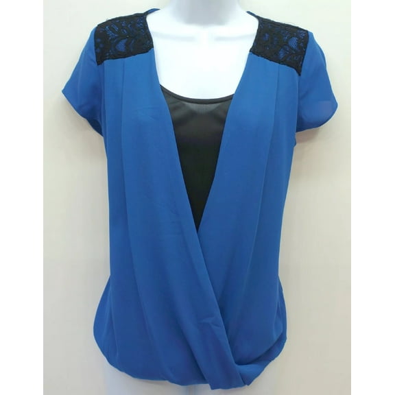 NY Collection Blue Short Sleeve Faux Wrap Layered-Look Top Blouse Women's Small