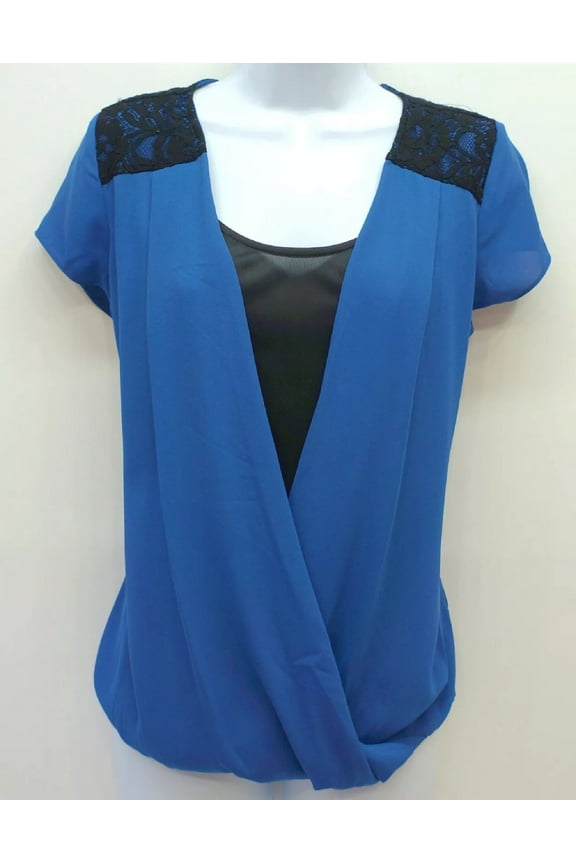 Blue Short Sleeve Faux Wrap Layered-Look Top Blouse Women's Small