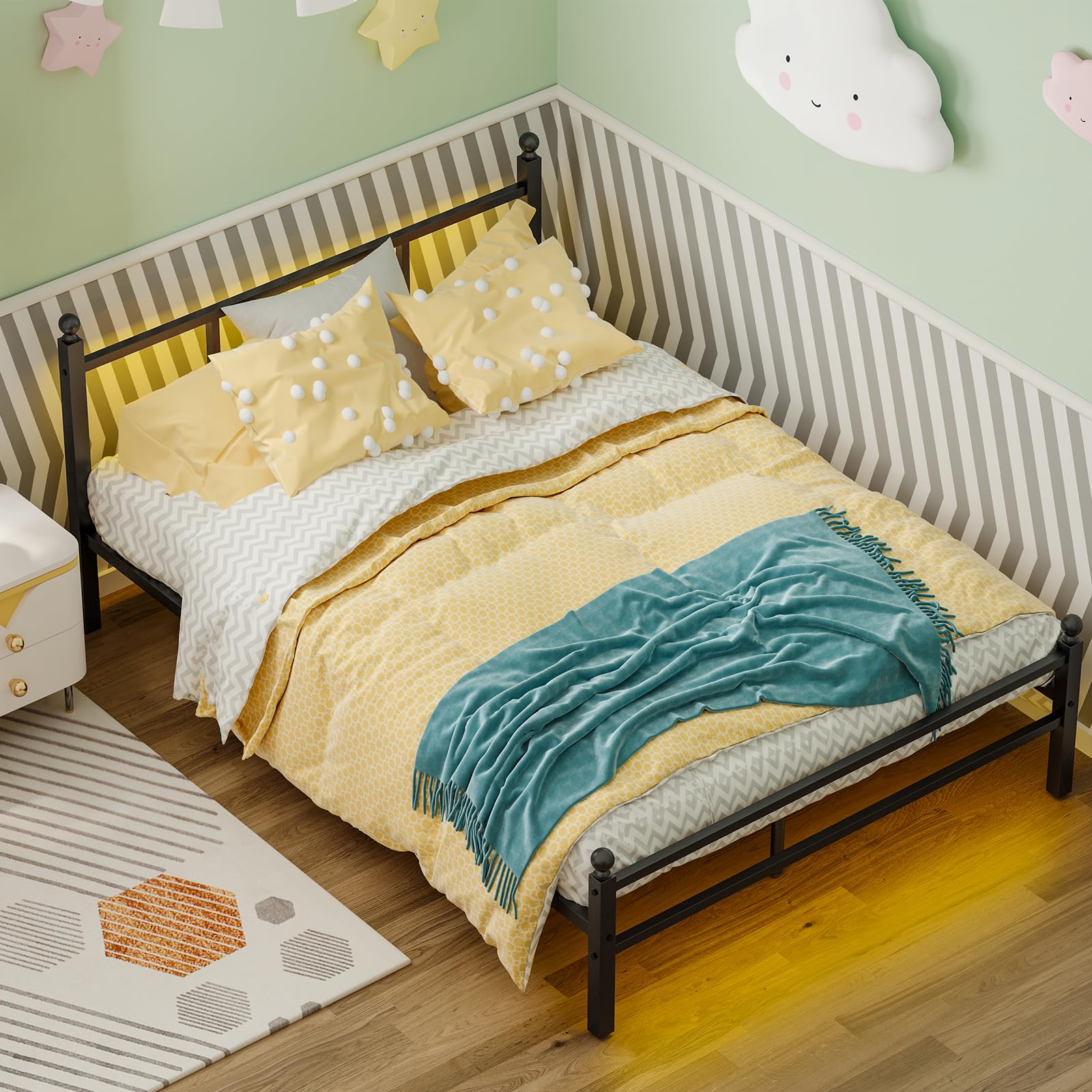 Fairy Full Size Bed Frame with Charging Station, Metal Frame with Power Outlet & Port, Black