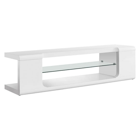 Monarch Specialties Meuble Tv, 60 Pouces, Console, Centre De Divertissement Média, Étagères De Rangement, Salon, Chambre À Coucher, Stratifié, Verre Trempé, Blanc Lustré, Dégager, Contemporain, Modern